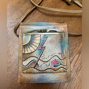 Rare Anuschka Hand Painted (both sides) Crossbody Leather Mini Bag. Signed.